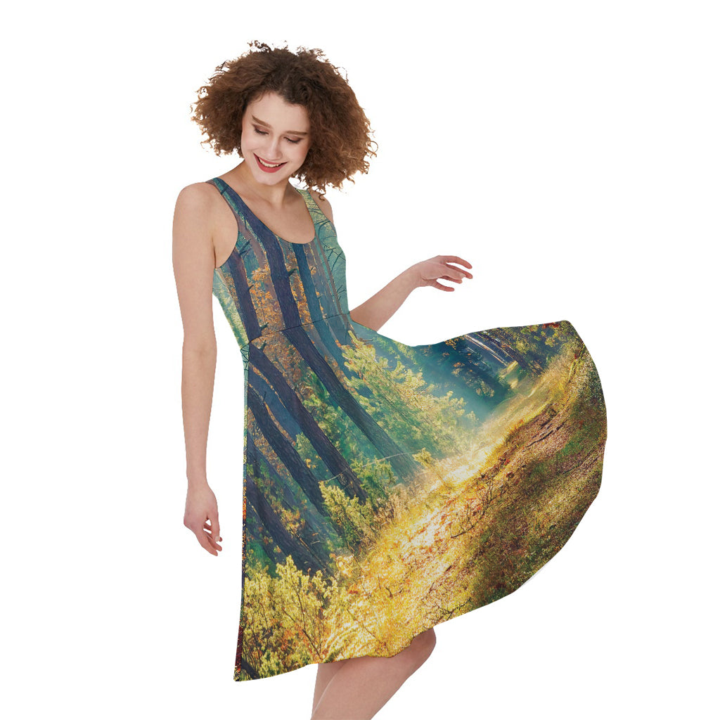Autumn Forest Print Women's Sleeveless Dress
