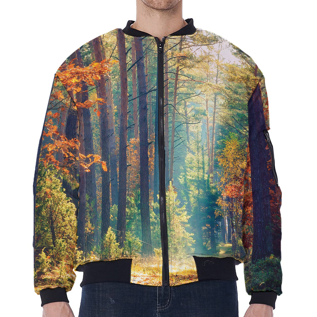 Autumn Forest Print Zip Sleeve Bomber Jacket