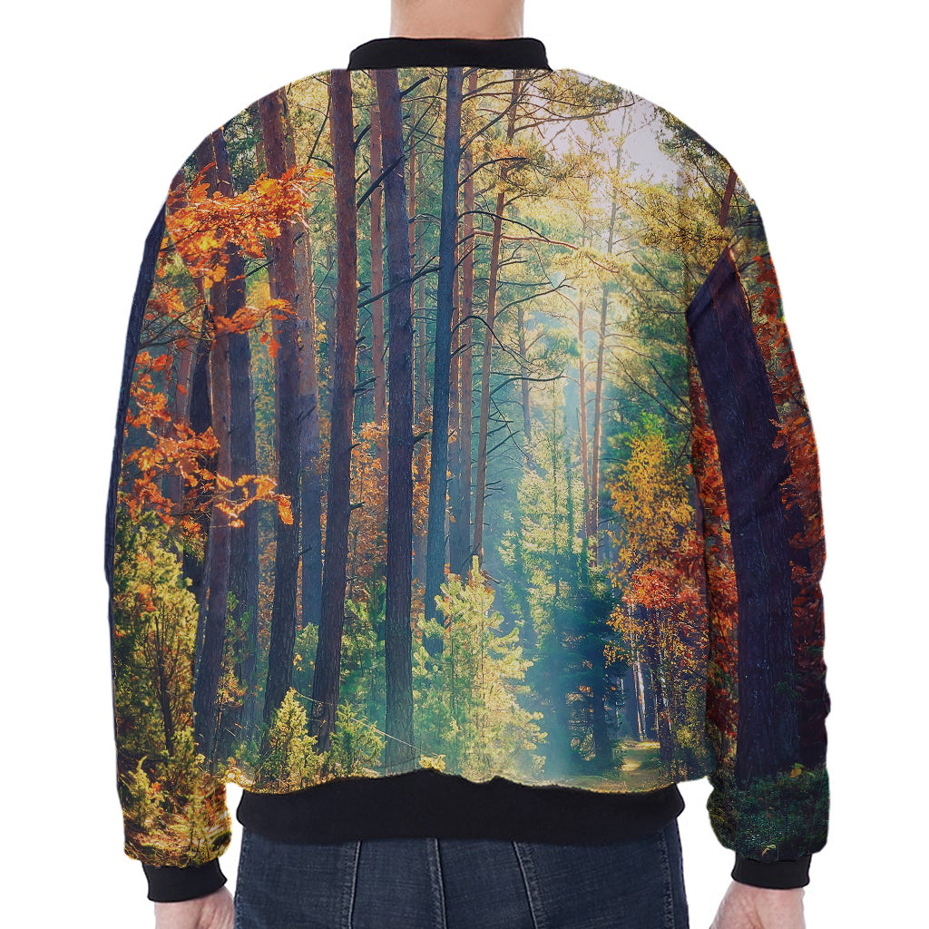 Autumn Forest Print Zip Sleeve Bomber Jacket