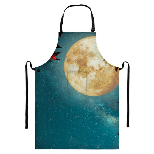 Autumn Full Moon Print Bib Apron With Pocket