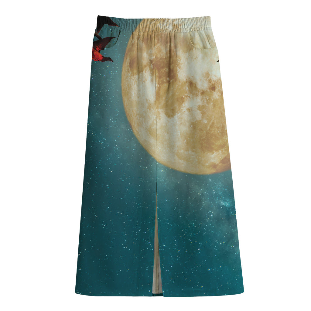 Autumn Full Moon Print Cotton Front Slit Maxi Skirt