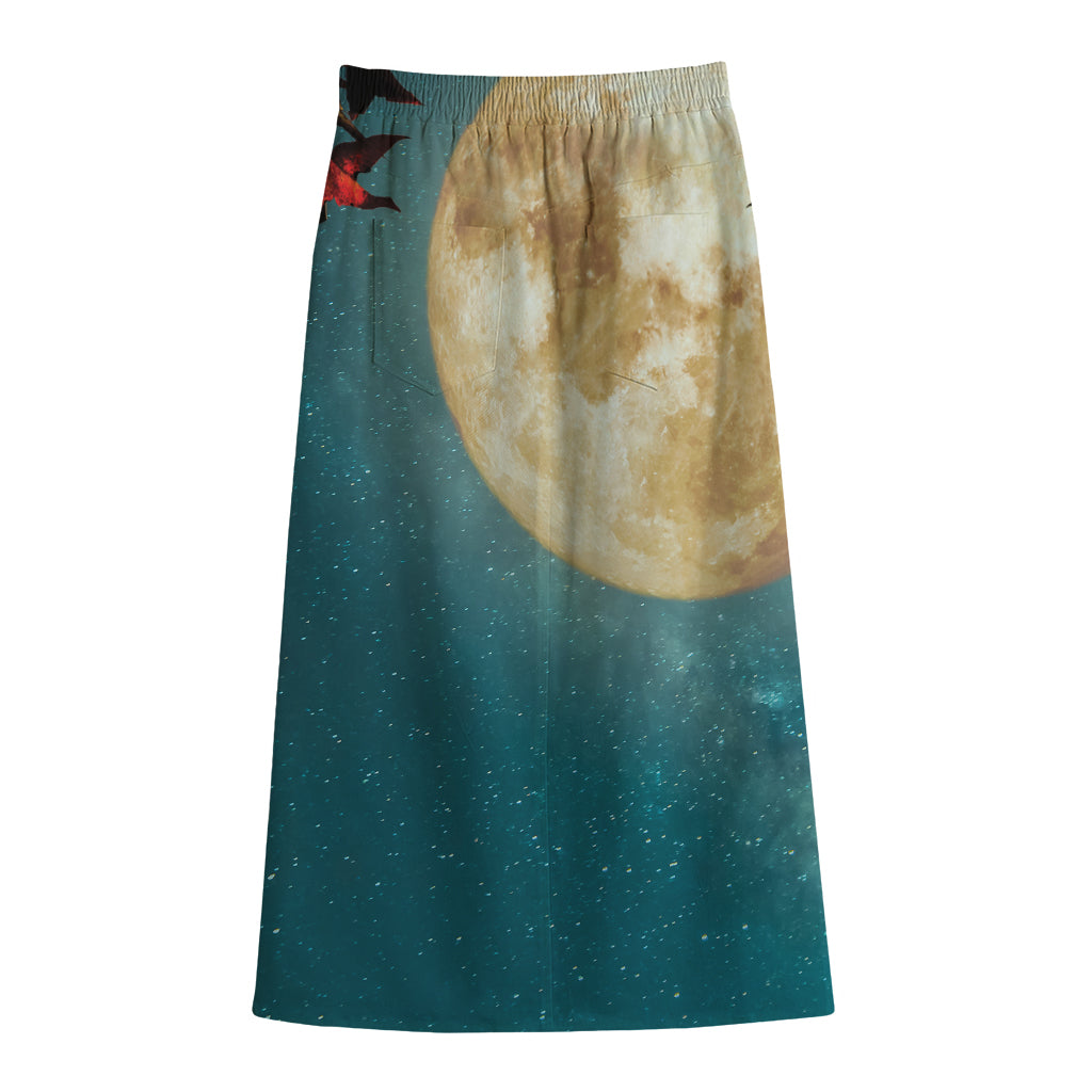 Autumn Full Moon Print Cotton Front Slit Maxi Skirt