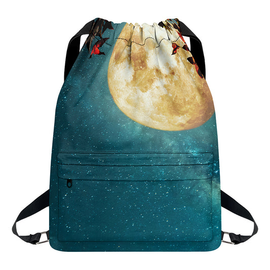 Autumn Full Moon Print Drawstring Backpack