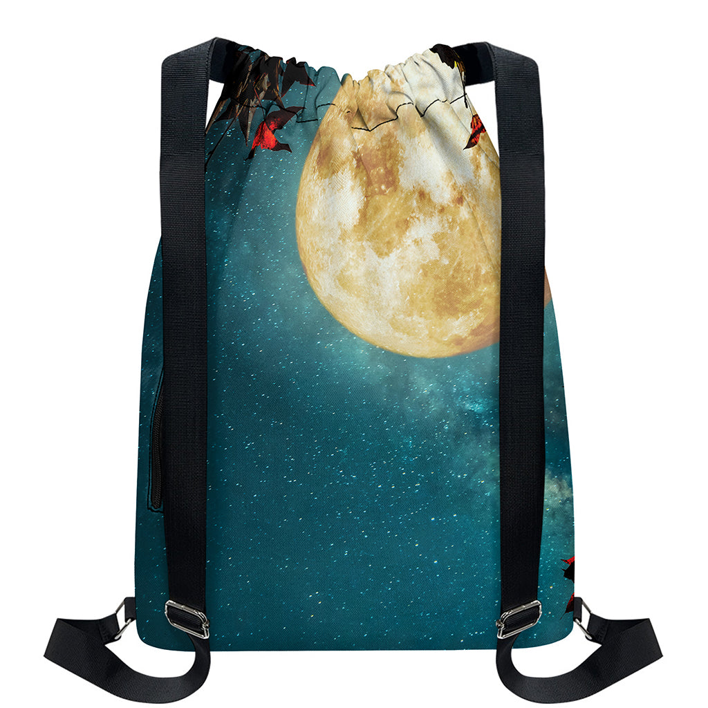 Autumn Full Moon Print Drawstring Backpack