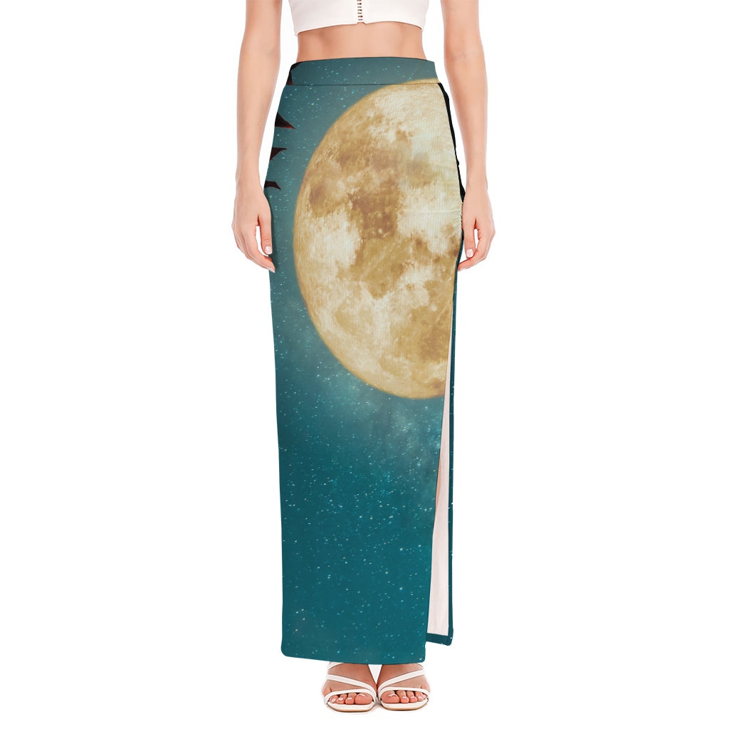 Autumn Full Moon Print High Slit Maxi Skirt