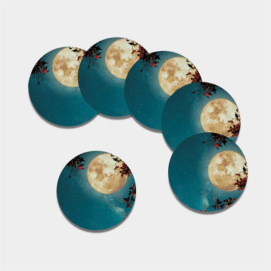 Autumn Full Moon Print Leather Coaster Set