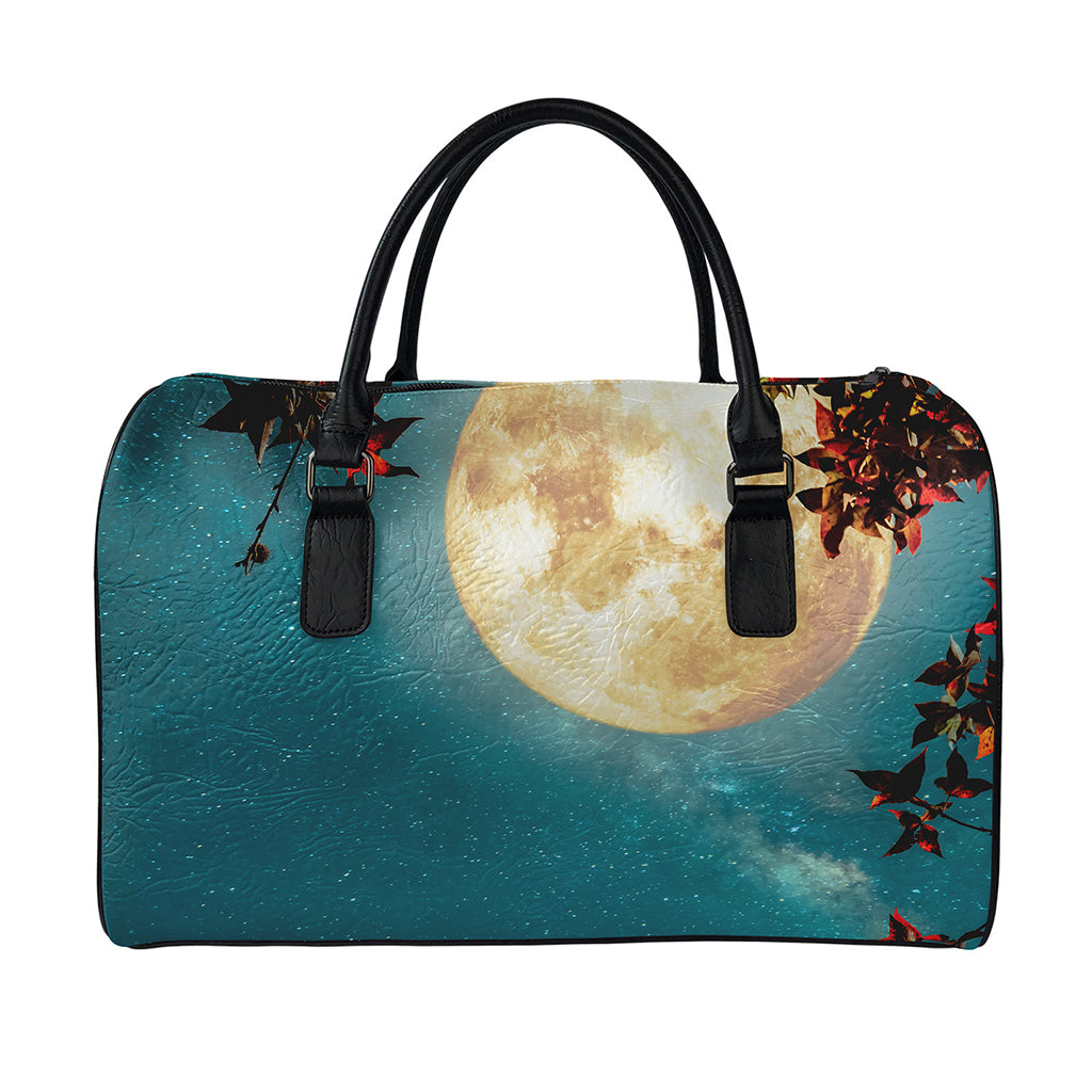Autumn Full Moon Print Leather Duffle Bag