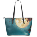 Autumn Full Moon Print Leather Tote Bag With Zipper