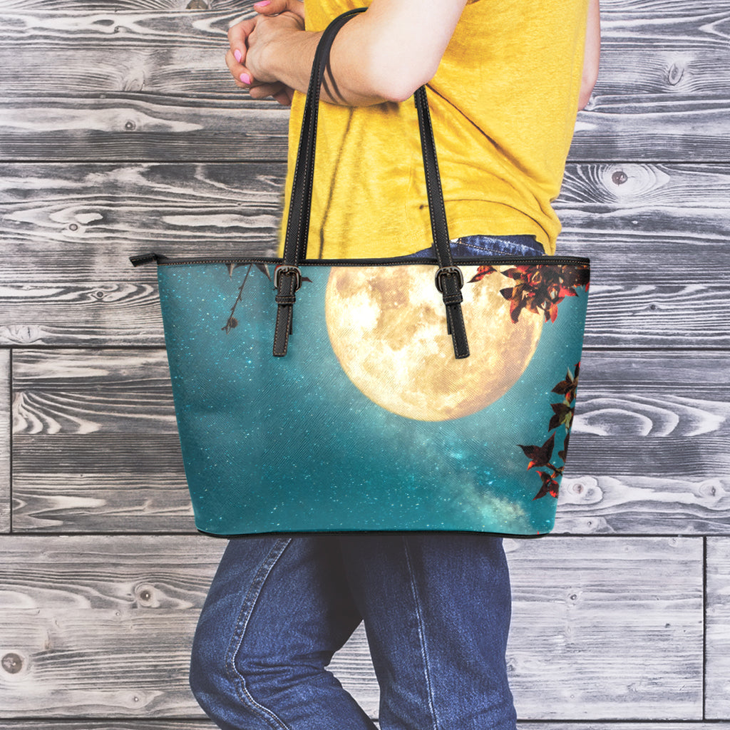 Autumn Full Moon Print Leather Tote Bag