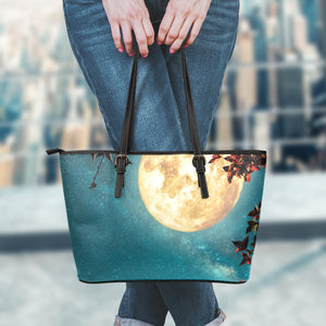 Autumn Full Moon Print Leather Tote Bag