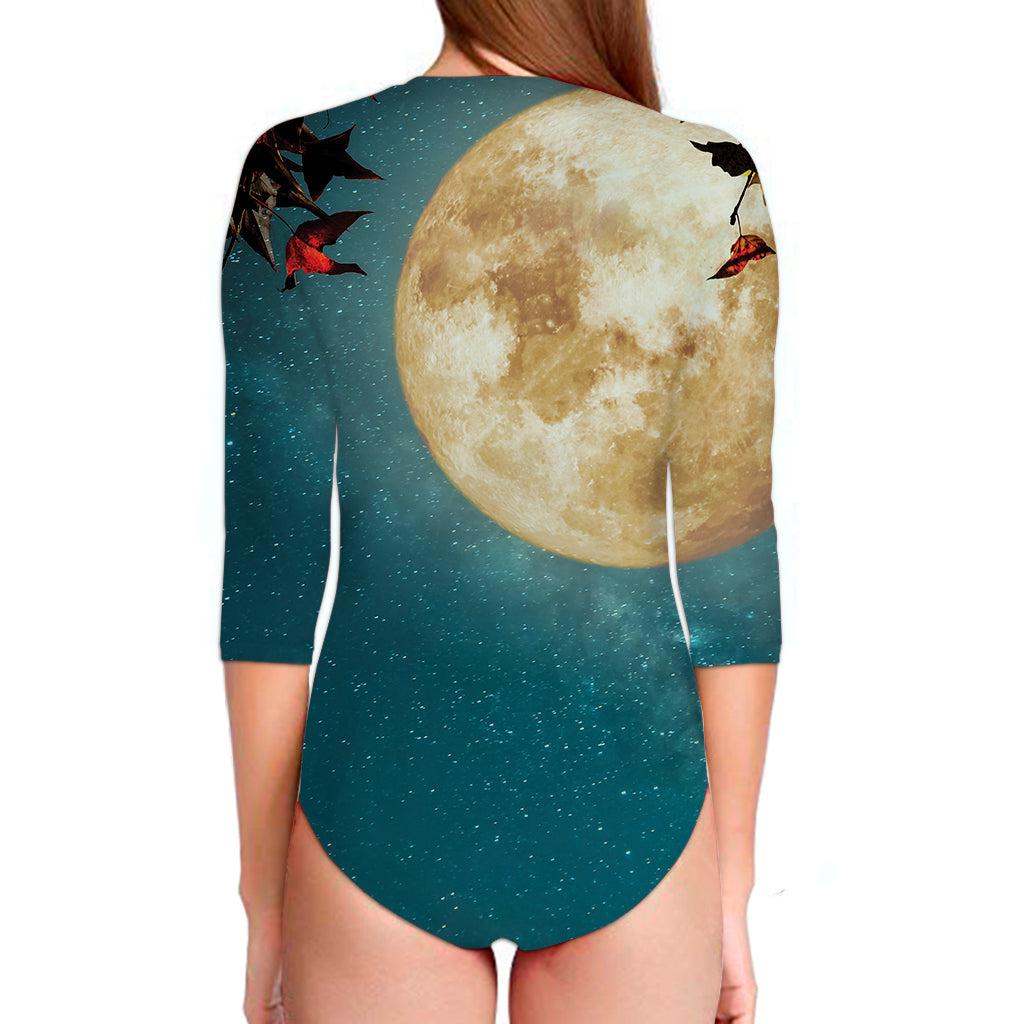 Autumn Full Moon Print Long Sleeve Swimsuit