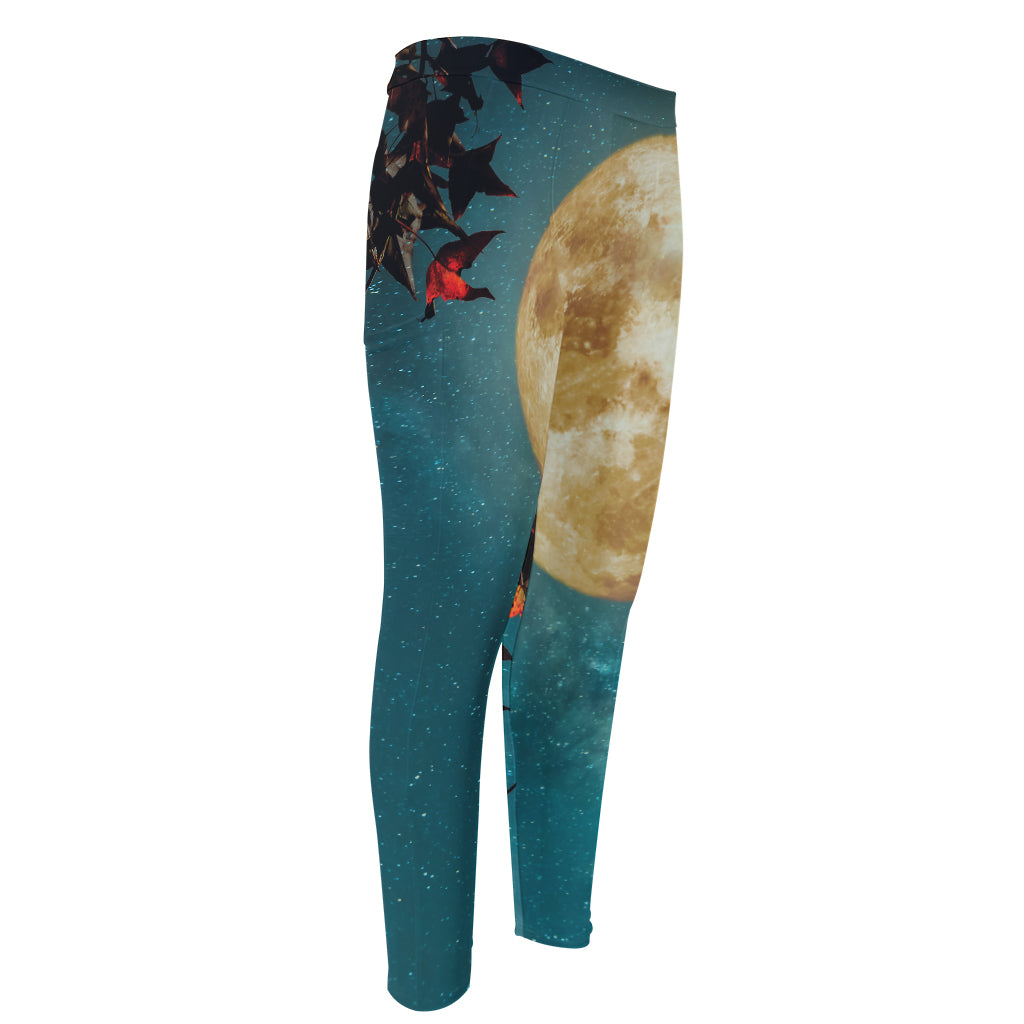 Autumn Full Moon Print Men's Compression Pants