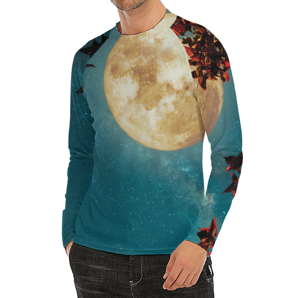 Autumn Full Moon Print Men's Long Sleeve Rash Guard