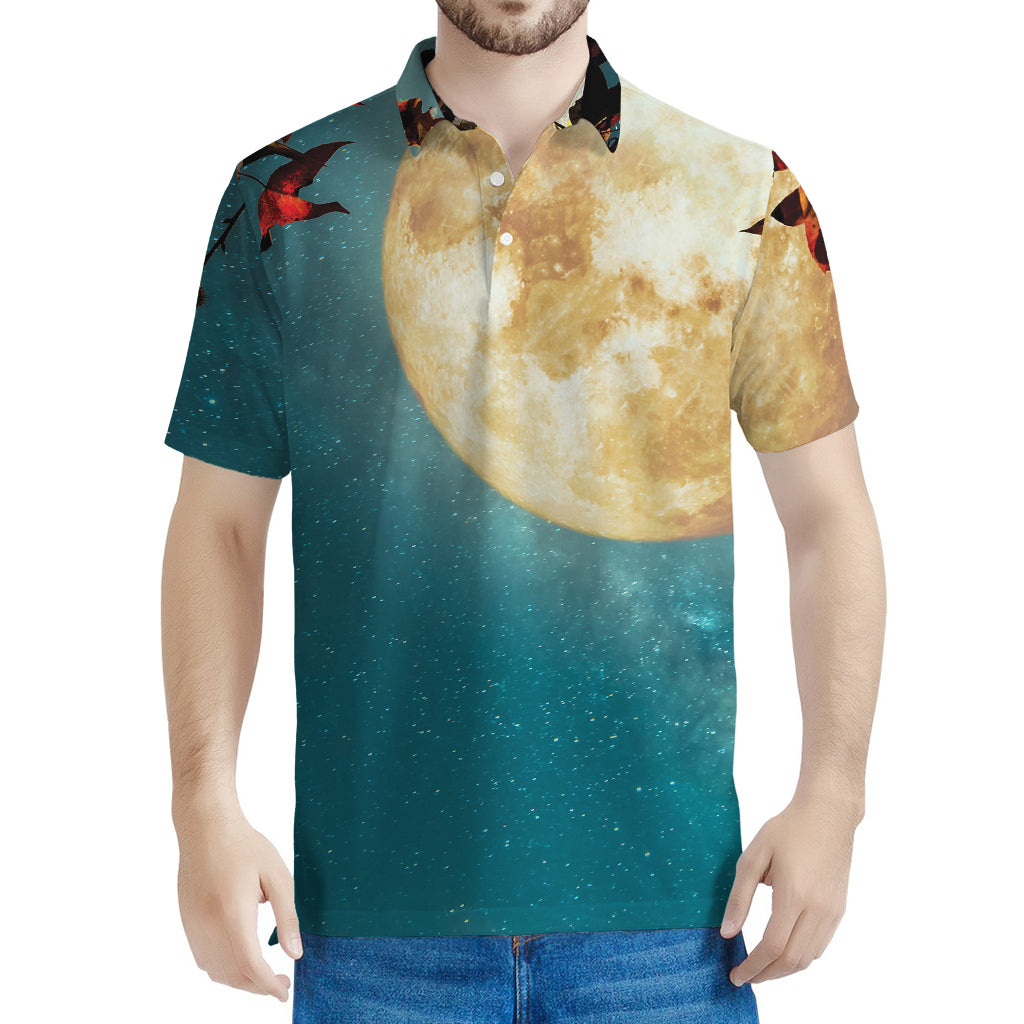 Autumn Full Moon Print Men's Polo Shirt