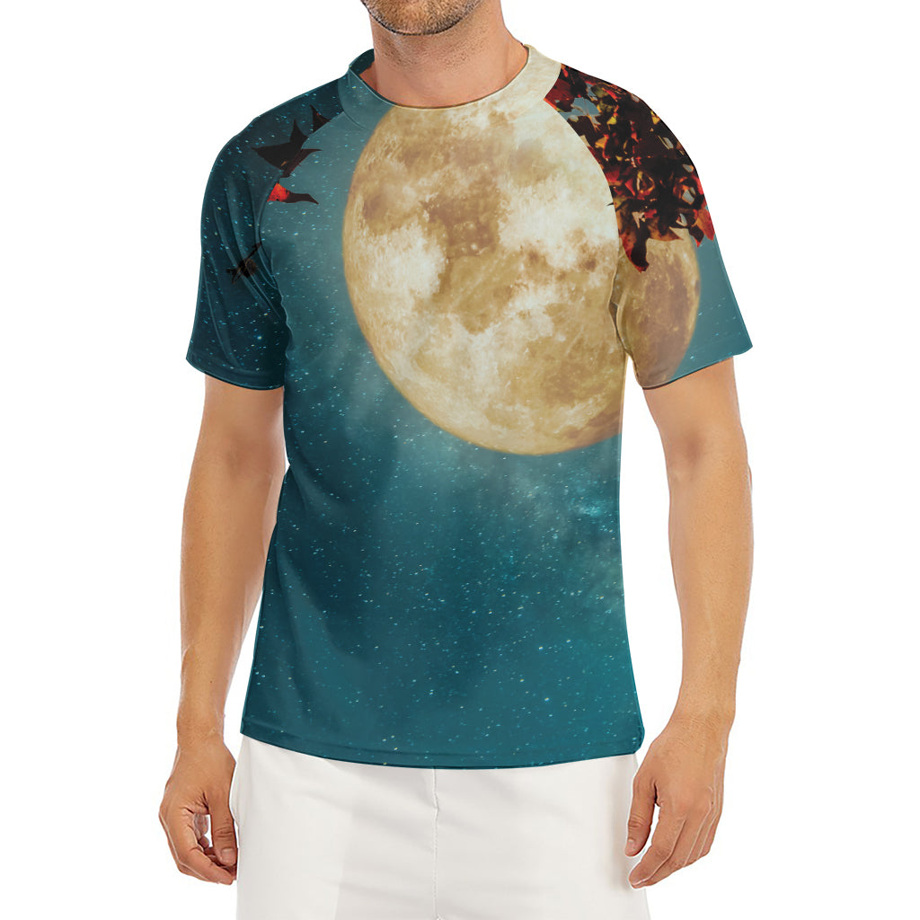 Autumn Full Moon Print Men's Short Sleeve Rash Guard