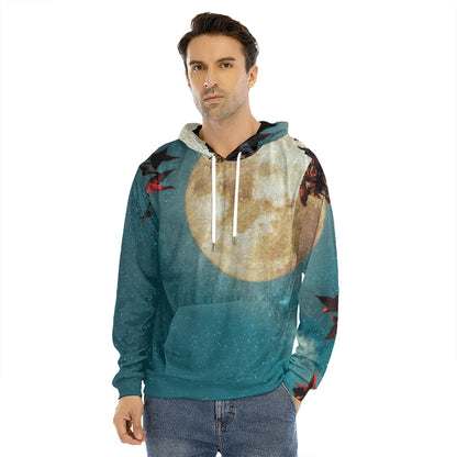 Autumn Full Moon Print Men's Velvet Pullover Hoodie