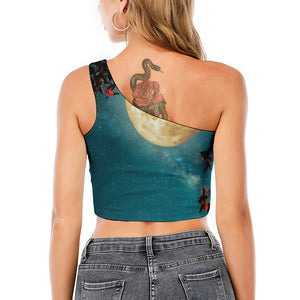 Autumn Full Moon Print One Shoulder Crop Top