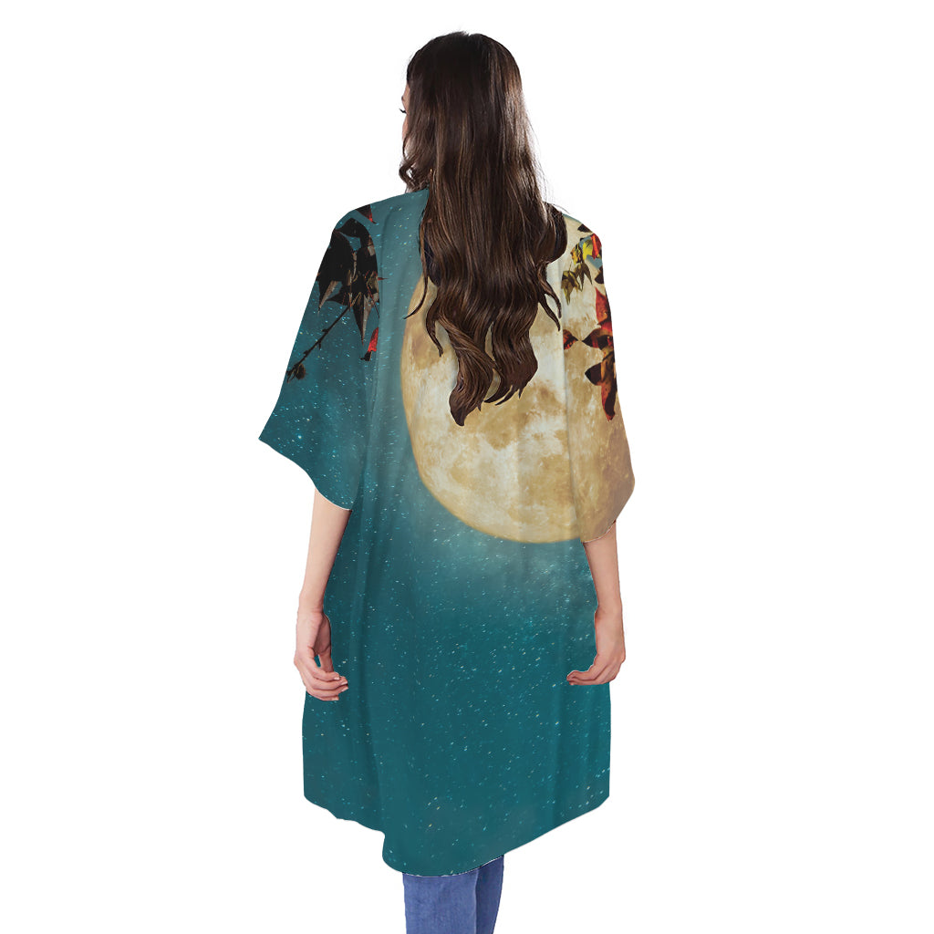 Autumn Full Moon Print Open Front Beach Cover Up