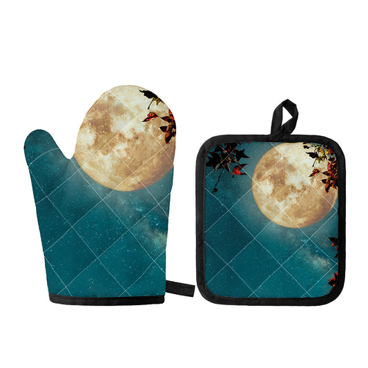 Autumn Full Moon Print Oven Mitt And Pot Holder Set