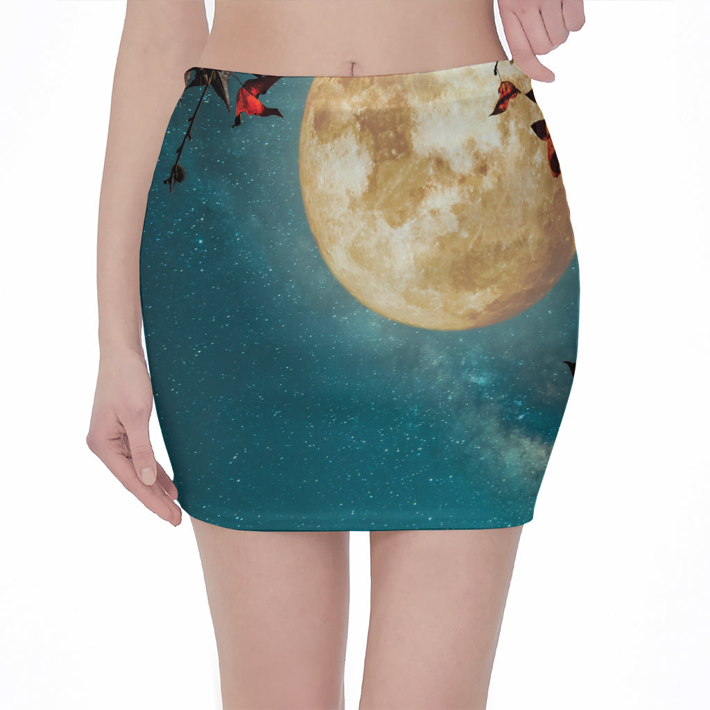 Autumn Full Moon Print Pencil Mini Skirt