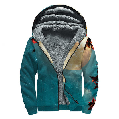 Autumn Full Moon Print Sherpa Lined Zip Up Hoodie