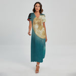 Autumn Full Moon Print Short Sleeve Maxi Dress