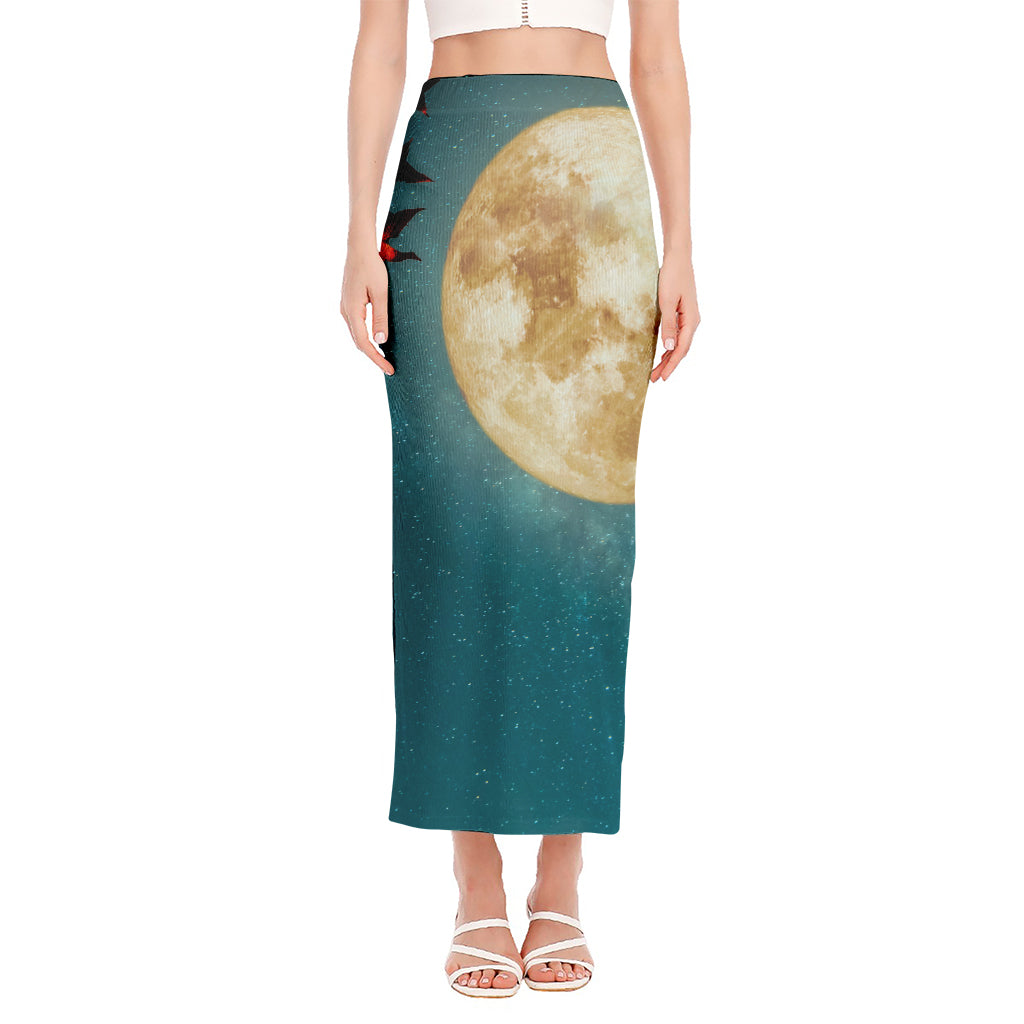 Autumn Full Moon Print Side Slit Maxi Skirt