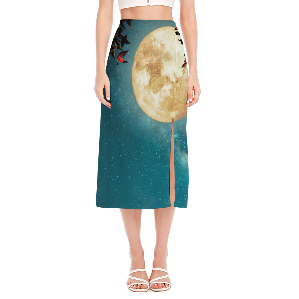 Autumn Full Moon Print Side Slit Midi Skirt