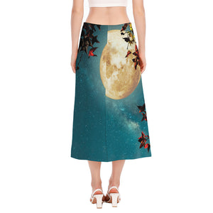 Autumn Full Moon Print Side Slit Midi Skirt