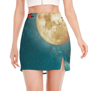 Autumn Full Moon Print Side Slit Mini Skirt