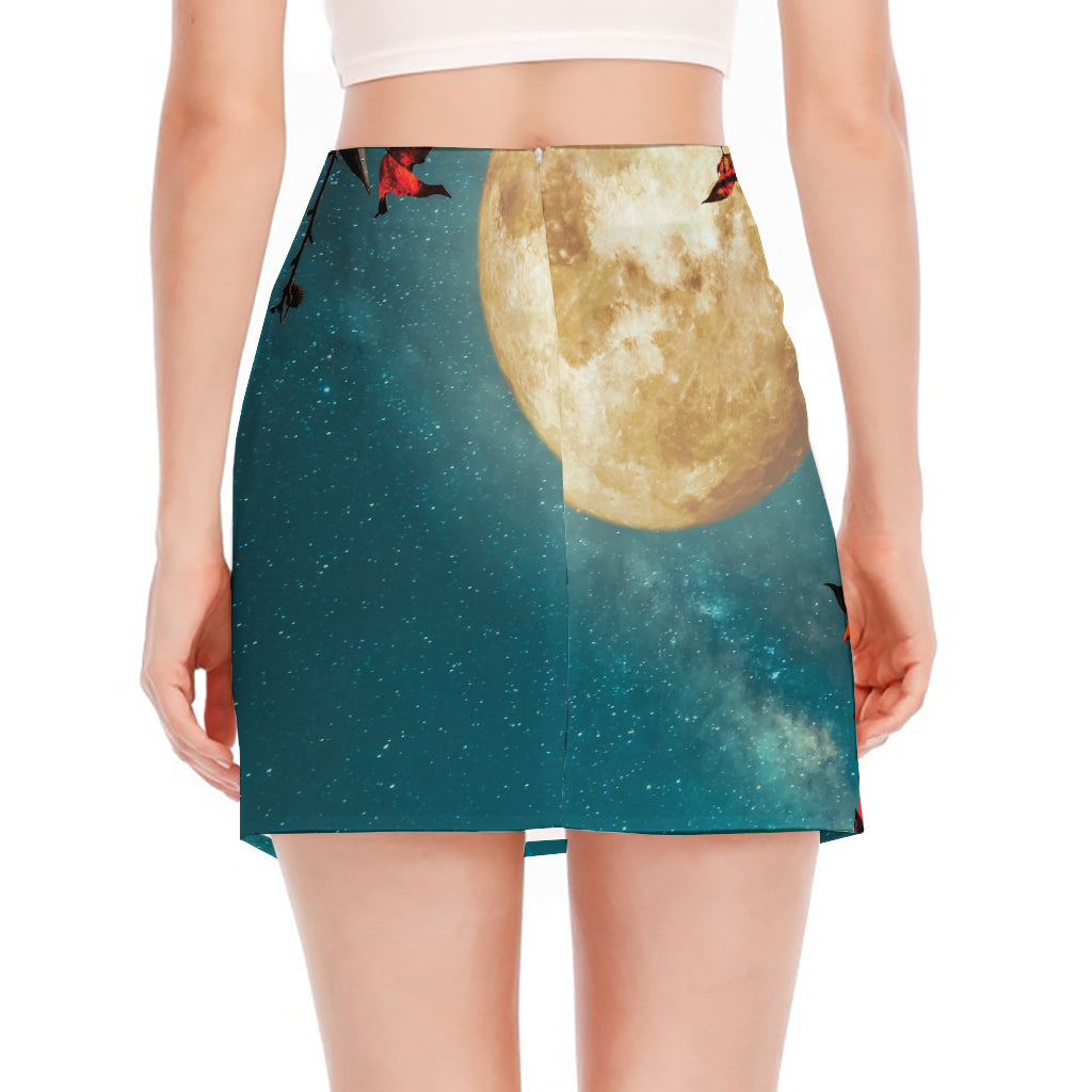 Autumn Full Moon Print Side Slit Mini Skirt