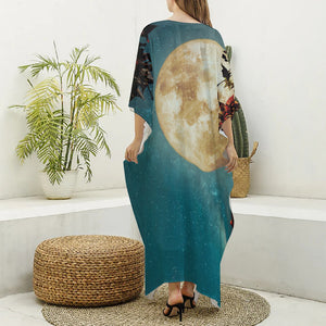 Autumn Full Moon Print Silk V-Neck Kaftan Dress