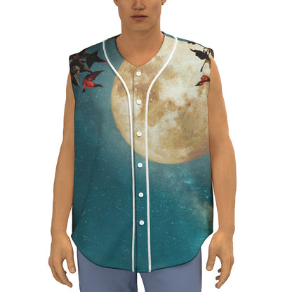 Autumn Full Moon Print Sleeveless Baseball Jersey