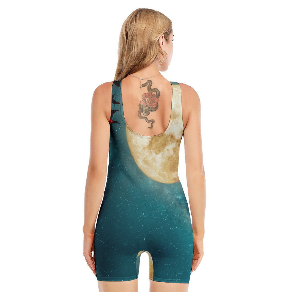 Autumn Full Moon Print Sleeveless One Piece Swimsuit