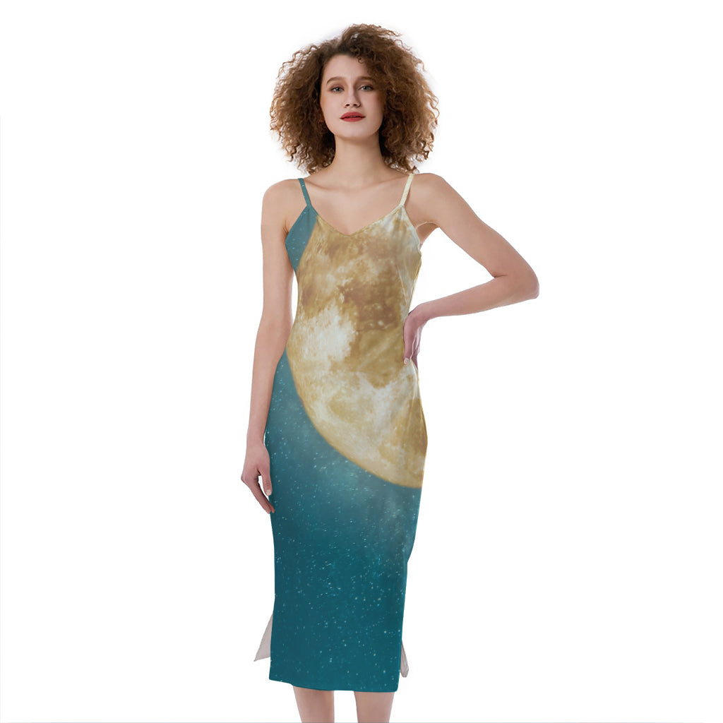 Autumn Full Moon Print Slim Fit Midi Cami Dress