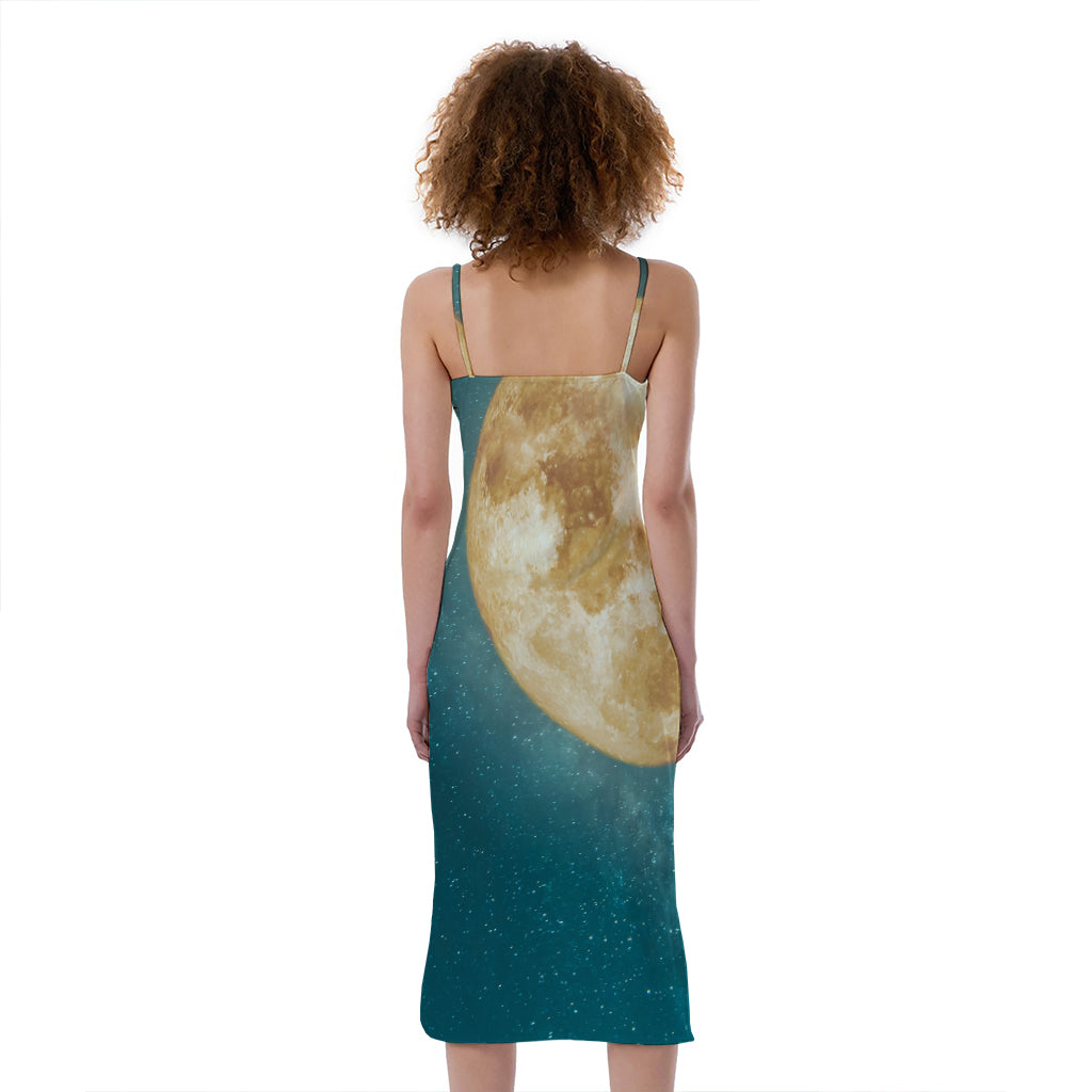 Autumn Full Moon Print Slim Fit Midi Cami Dress