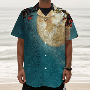 Autumn Full Moon Print Textured Short Sleeve Shirt