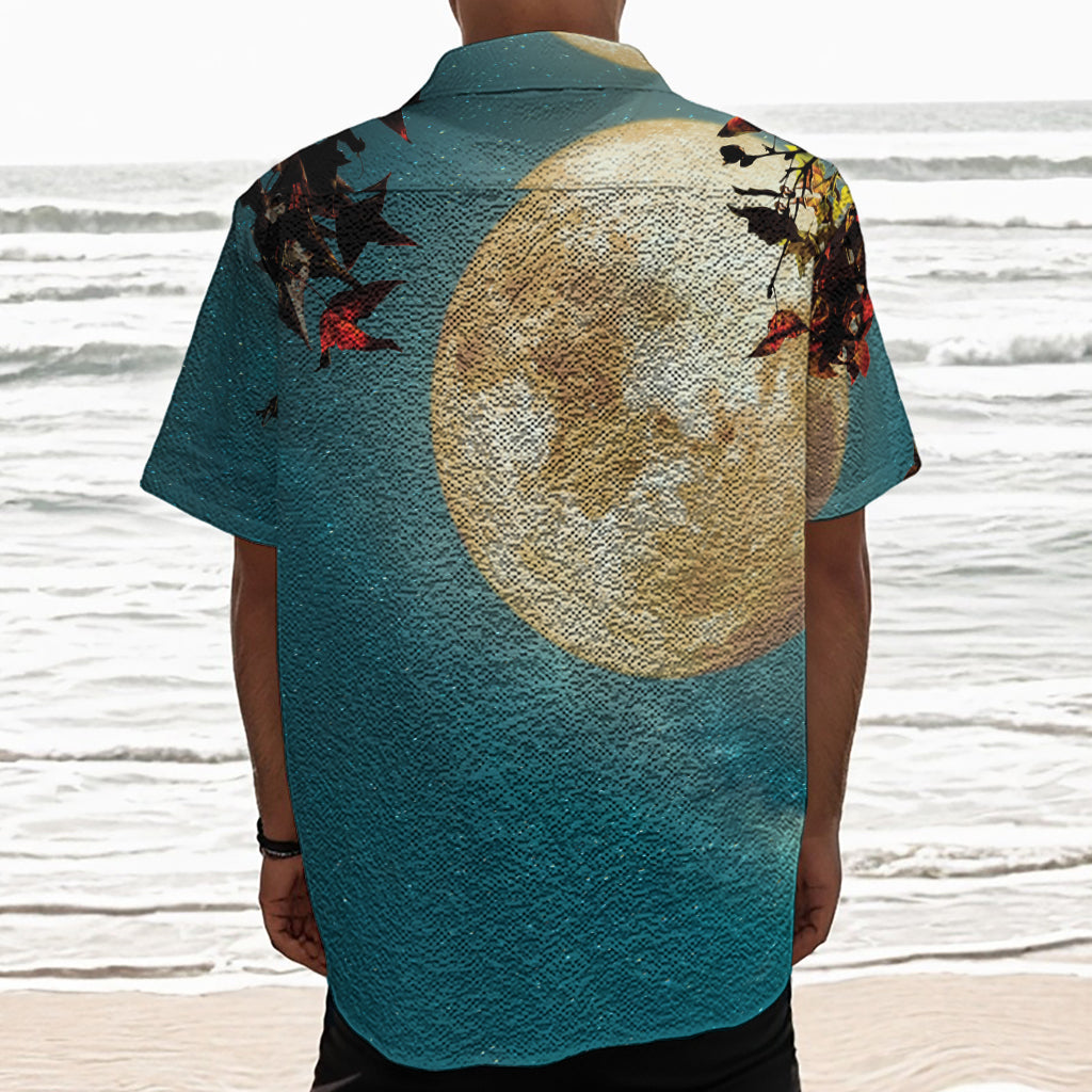 Autumn Full Moon Print Textured Short Sleeve Shirt