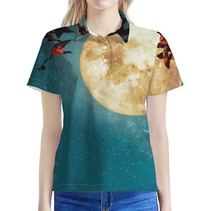 Autumn Full Moon Print Women's Polo Shirt