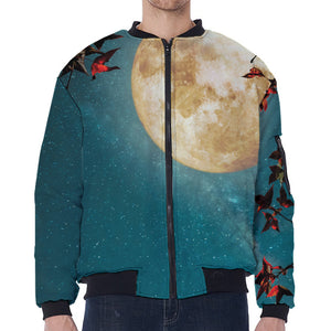 Autumn Full Moon Print Zip Sleeve Bomber Jacket