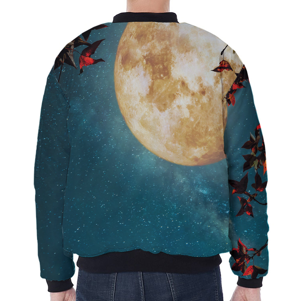 Autumn Full Moon Print Zip Sleeve Bomber Jacket