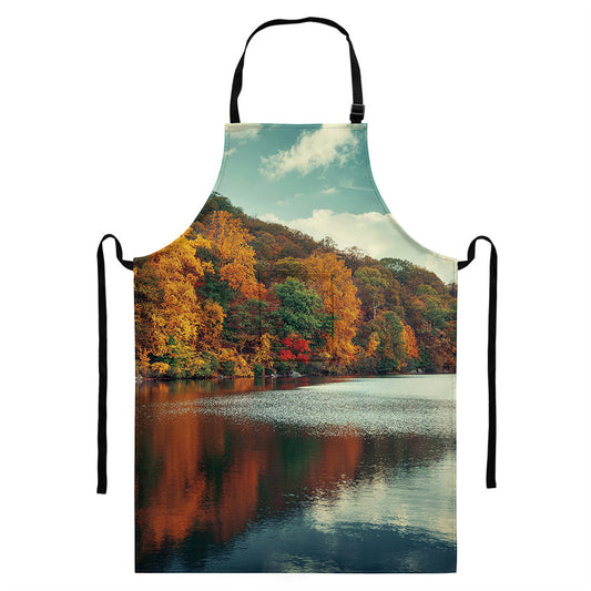 Autumn Lake Print Bib Apron With Pocket