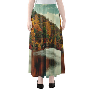 Autumn Lake Print Chiffon Maxi Skirt