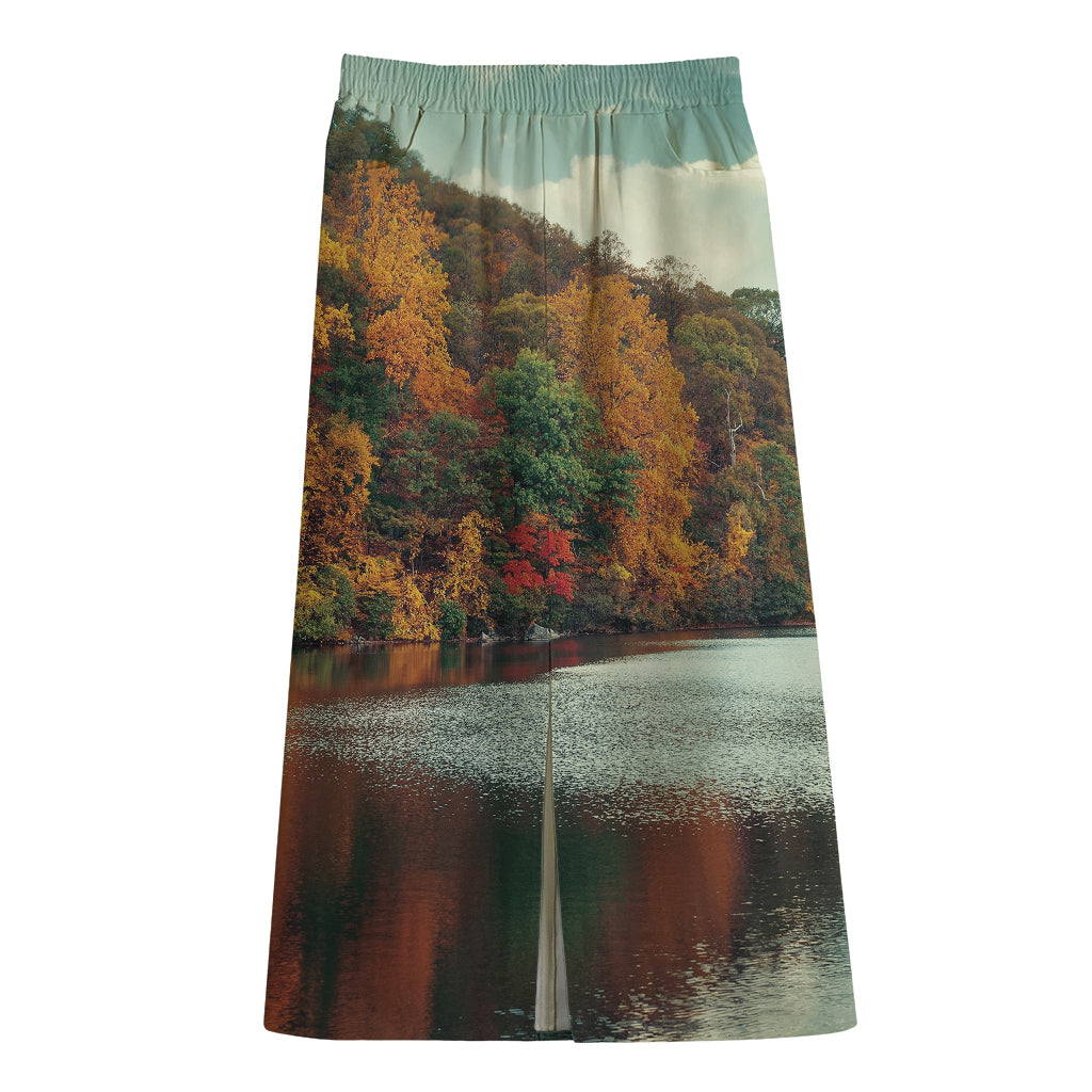 Autumn Lake Print Cotton Front Slit Maxi Skirt