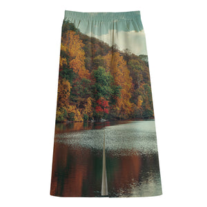 Autumn Lake Print Cotton Front Slit Maxi Skirt