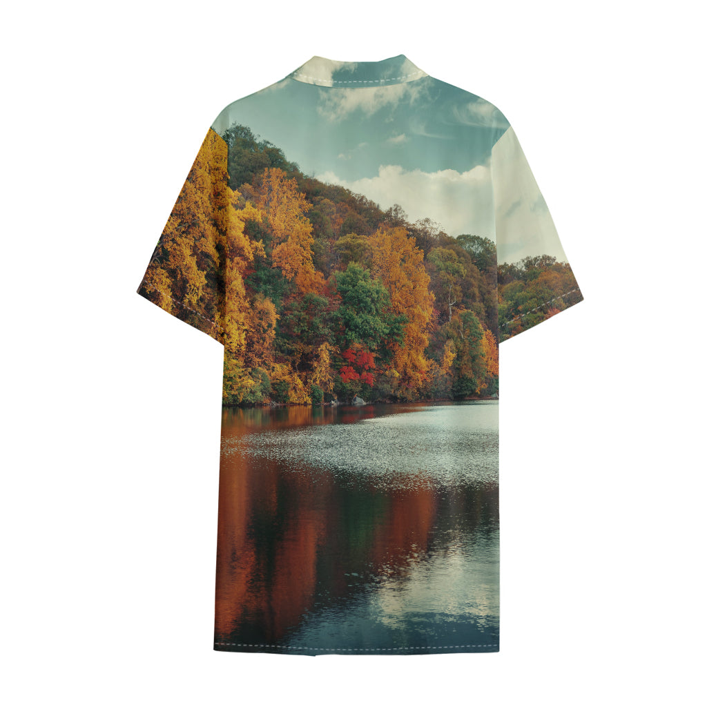 Autumn Lake Print Cotton Hawaiian Shirt