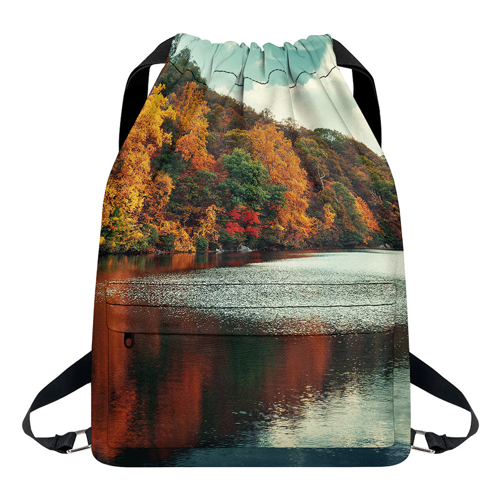 Autumn Lake Print Drawstring Backpack