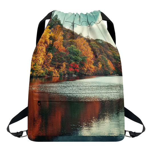 Autumn Lake Print Drawstring Backpack
