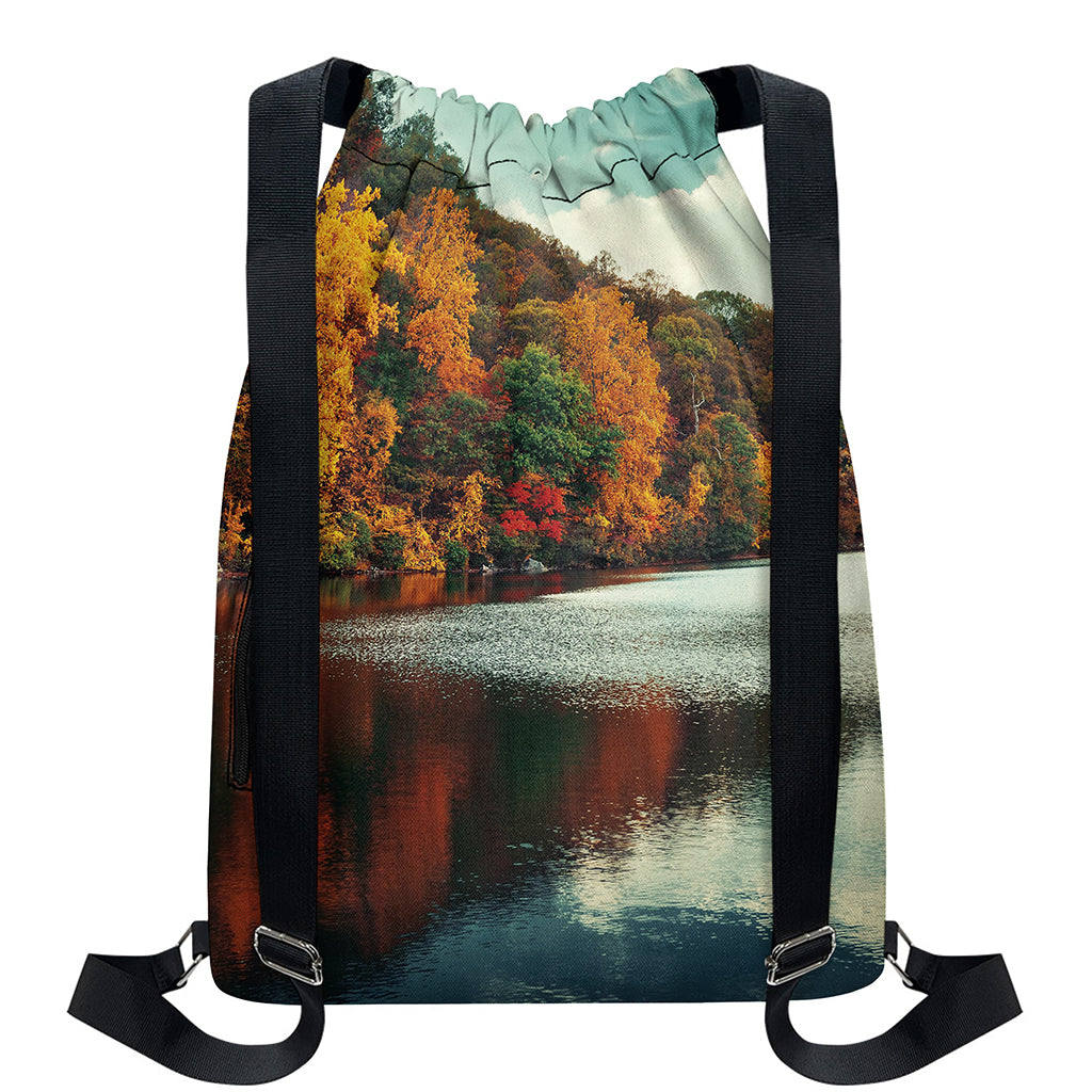 Autumn Lake Print Drawstring Backpack
