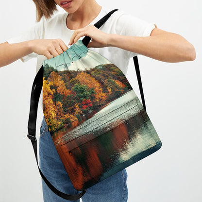 Autumn Lake Print Drawstring Backpack
